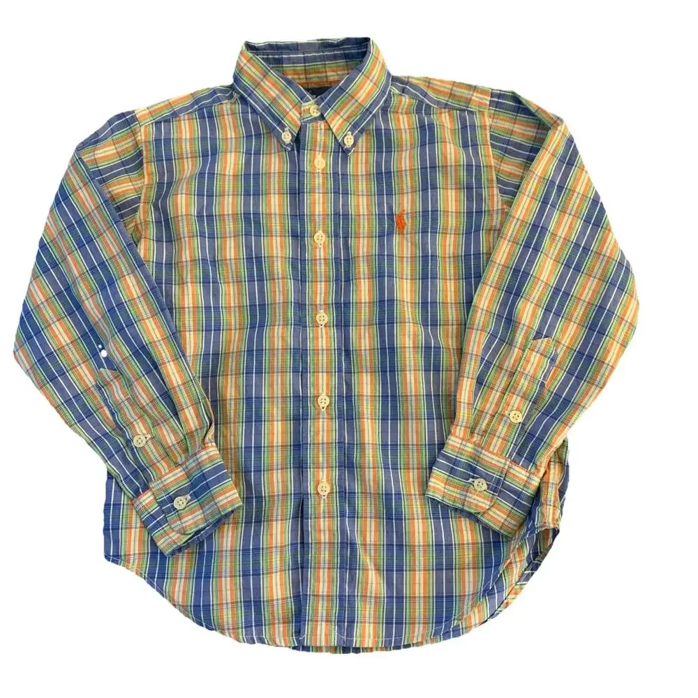 Ralph Lauren Long Sleeve Button Up Yellow Blue Orange Plaid Shirt Boy’s Size 4T
